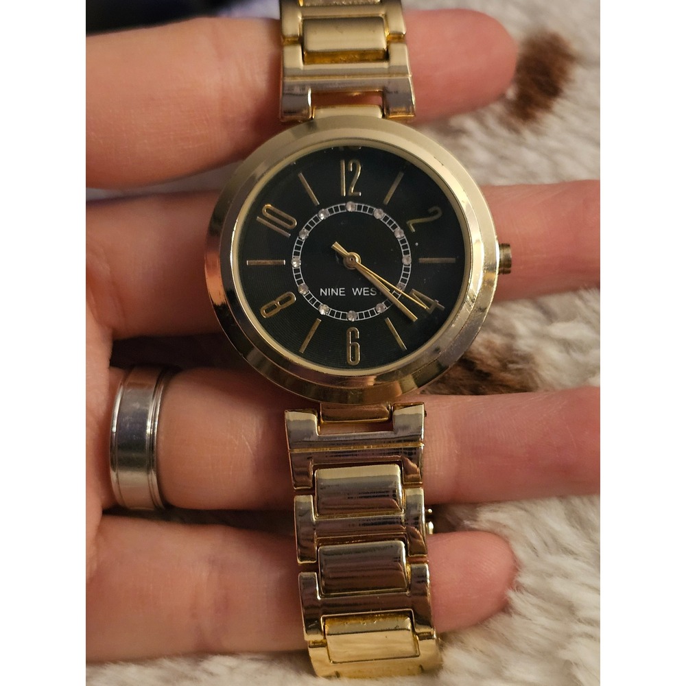 Nine West Womens Gold Tone Watch Black Dial Rhinestone NW/2192 Y121F